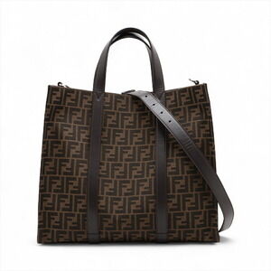 Fendi Zucca Canvas Leather Tote Bag Brown